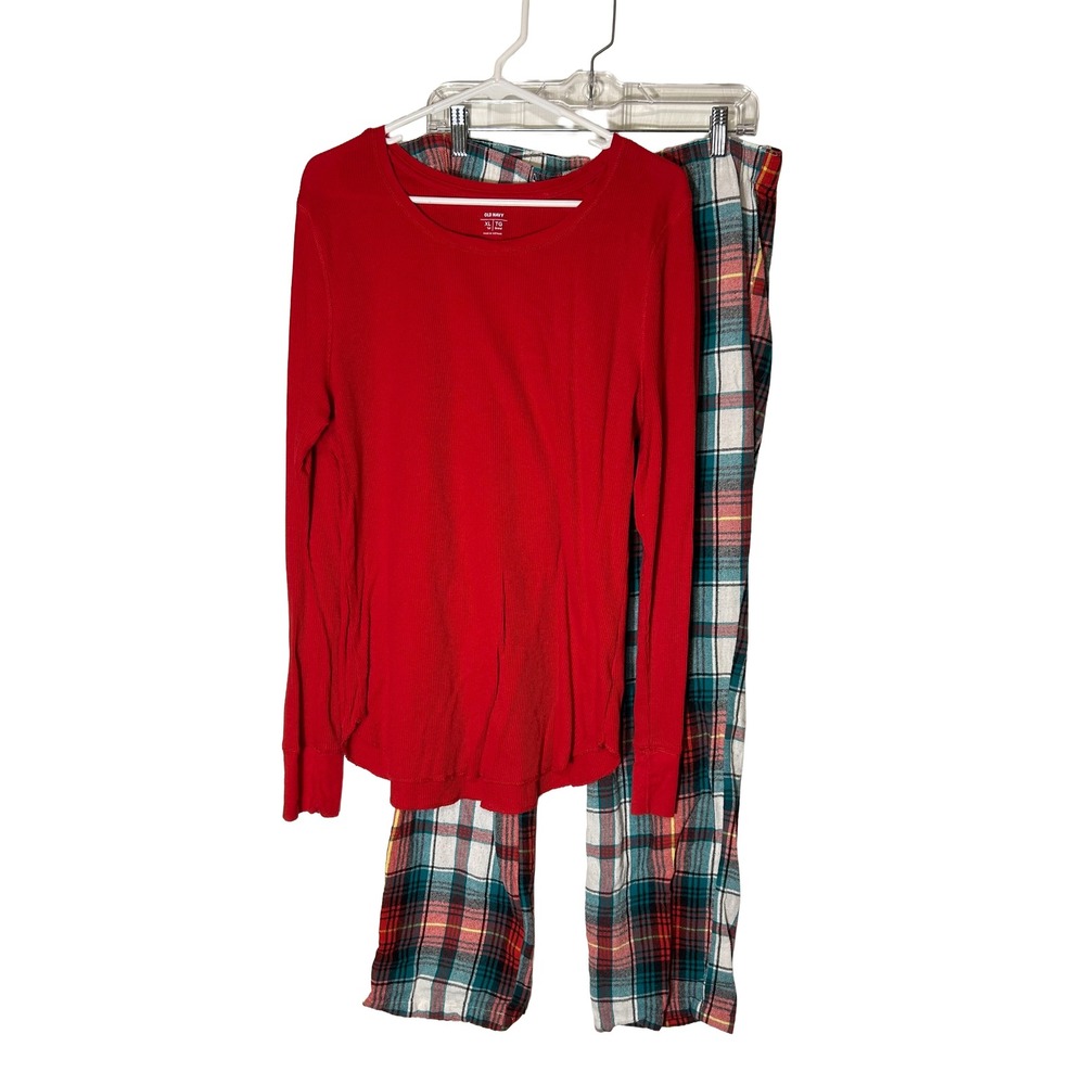 Old Navy Womens Pajama Set XL Tall Red Waffle Knit Top Plaid‎ Flannel Pants